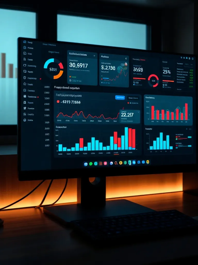 A high-tech dashboard on a computer screen showing financial