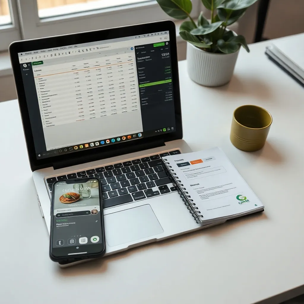 A professional workspace with a laptop showing complex finan
