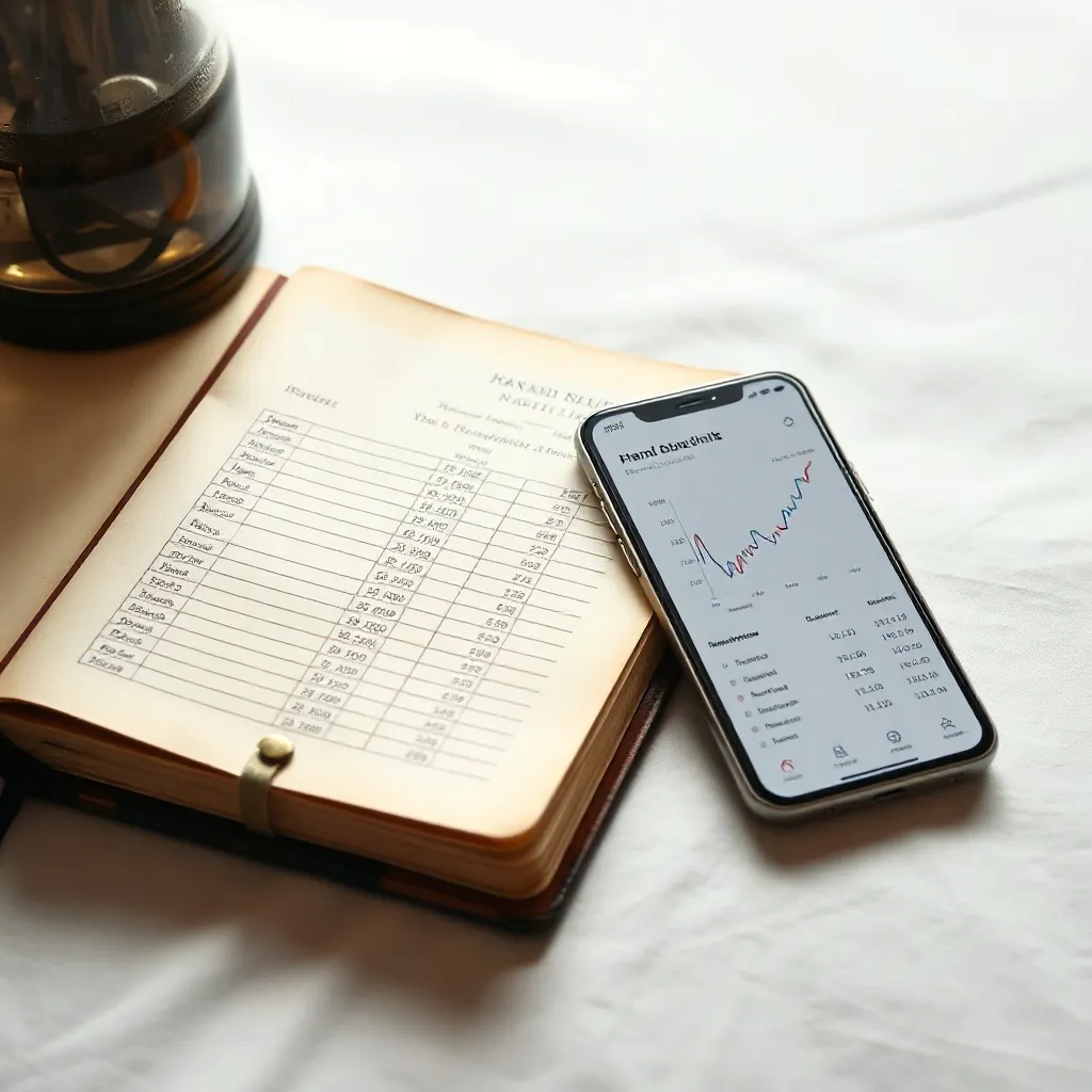 A minimalist still life showing an old leather ledger book n