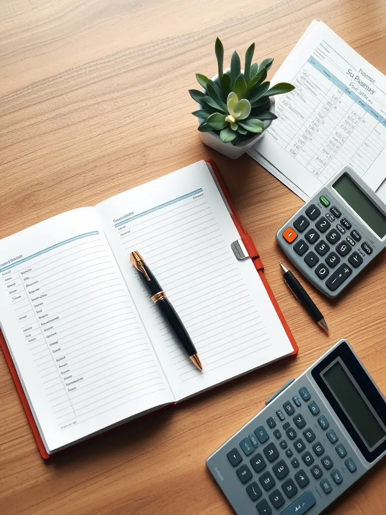 A professional, minimalist workspace with a ledger, a founta