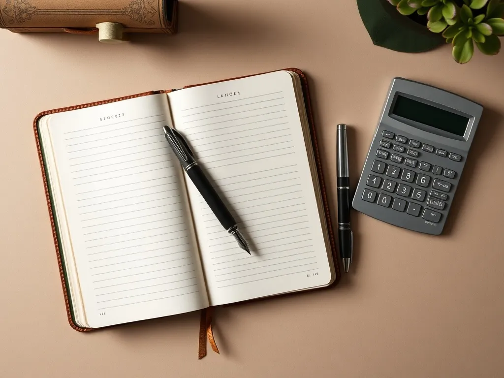 A minimalist organized desk with a vintage ledger book, a mo