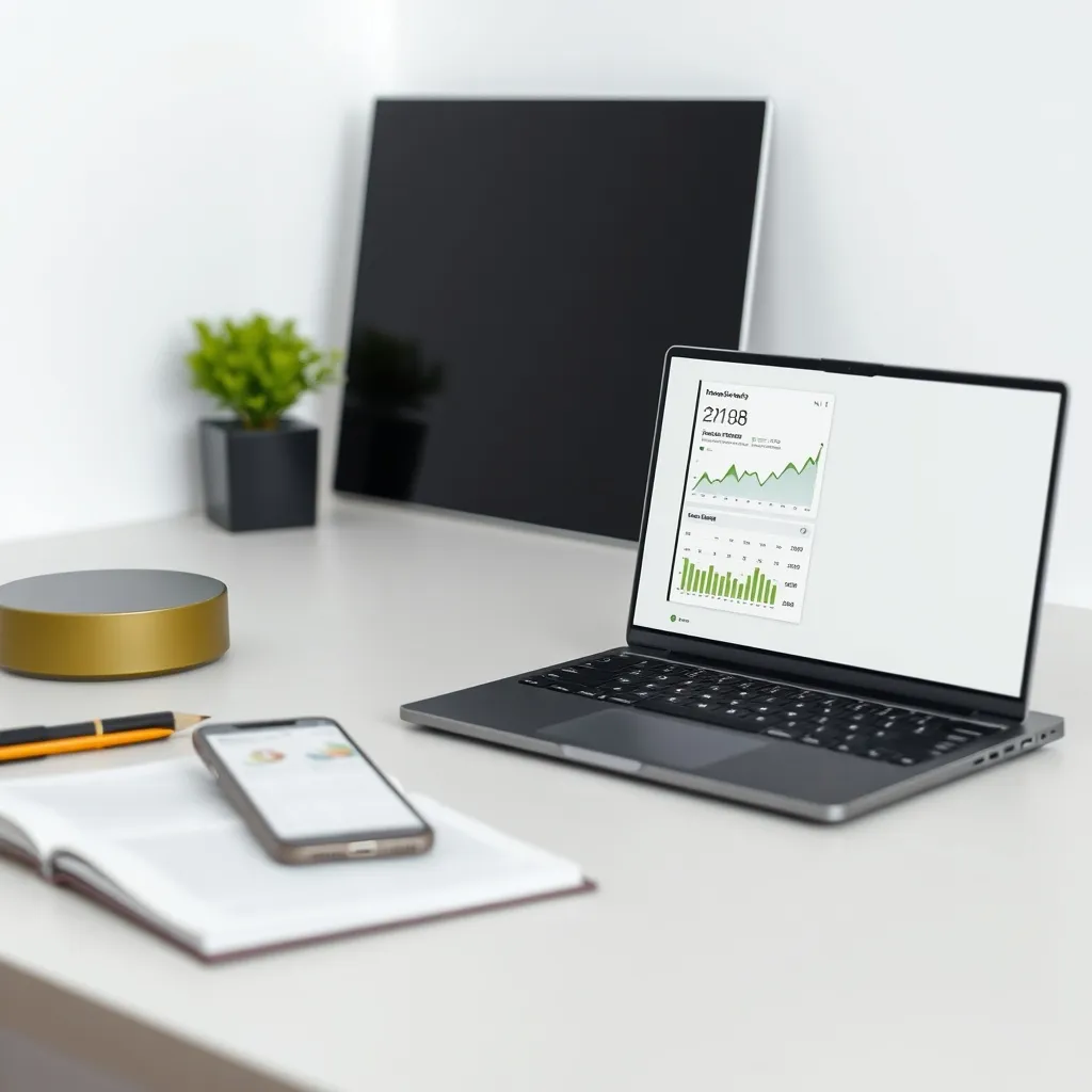 Minimalist modern office desk with a sleek laptop and a smar